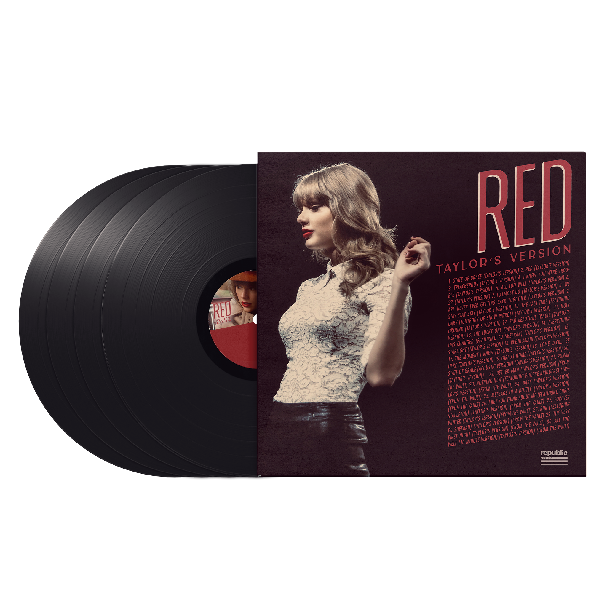 RED (Taylor's Version) Vinyl each vinyl album features: 30 songs, including 9 songs from the Vault with lyrics for all 30 songs, never before seen photos, artwork and handwritten lyrics for the 10 minute version of All Too Well.