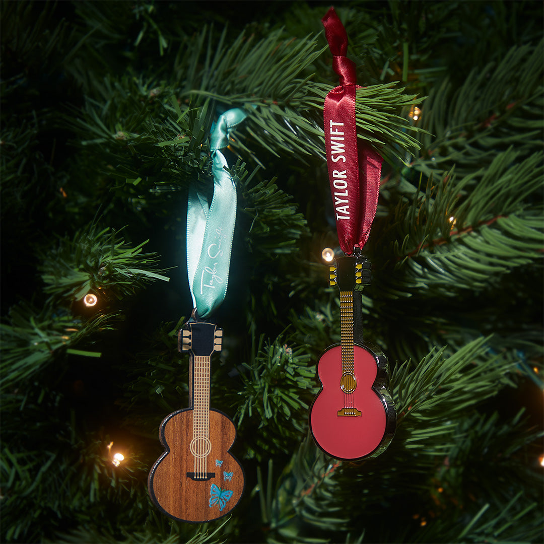 Red (Taylor's Version) Guitar Ornament on Tree with the Self-Titled Butterfly Guitar Ornament