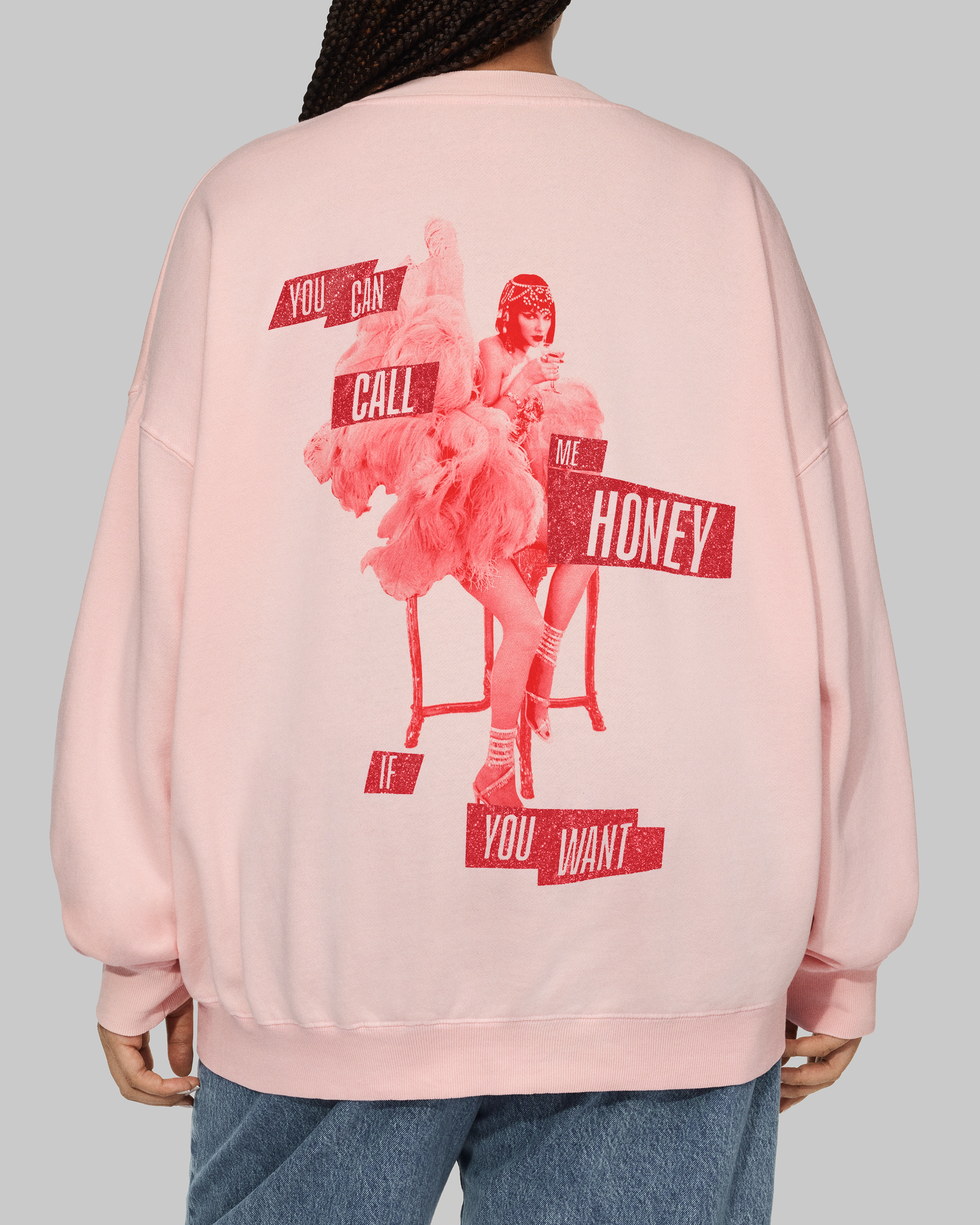 You Can Call Me Honey If You Want Pink Crewneck Sweatshirt Back on Model