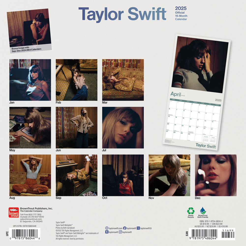 Taylor Swift Official 2025 Square 12x12 Calendar Back Cover