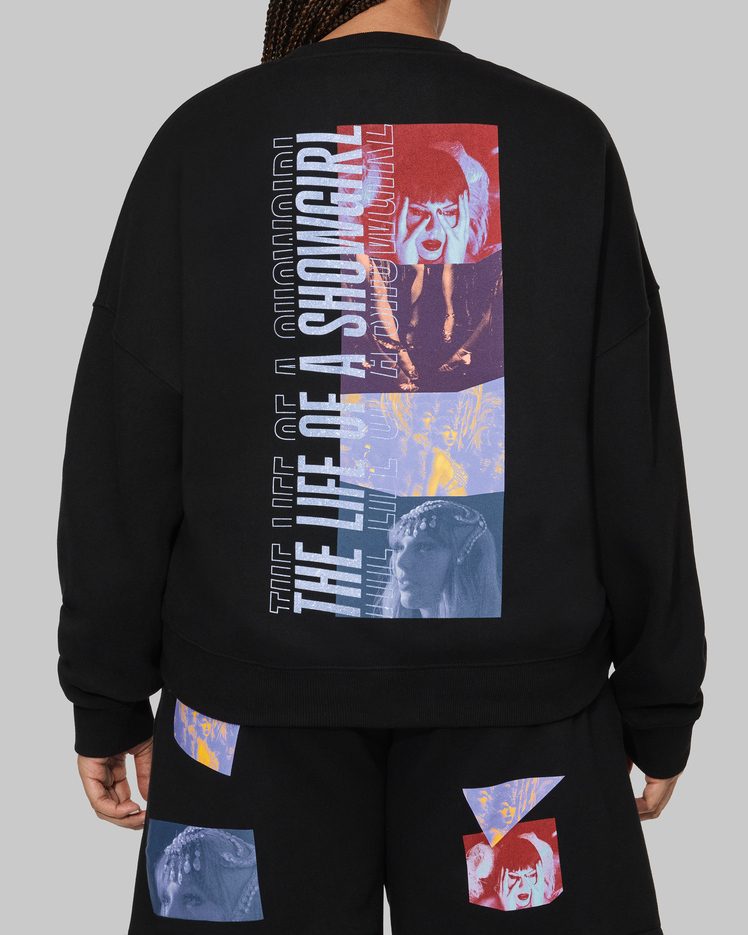 The Life of a Showgirl Film Strip Black Crewneck Sweatshirt Back on Model