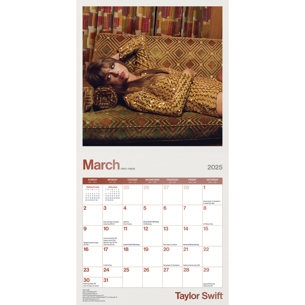 Taylor Swift Official 2025 Square Wrap Calendar March 2025