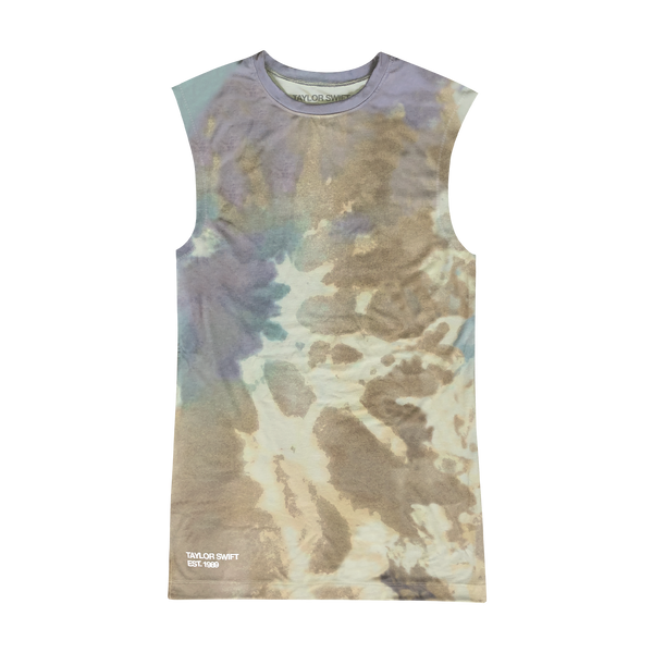 Tie dyed tunic tank dress featuring "Taylor Swift, Est. 1989" printed on bottom right.