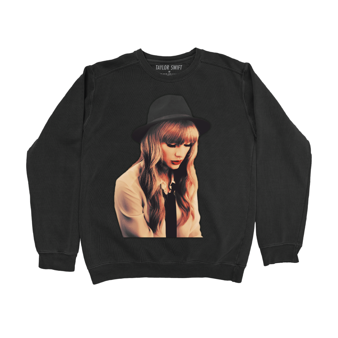 Black crewneck featuring photo of Taylor Swift printed on front.