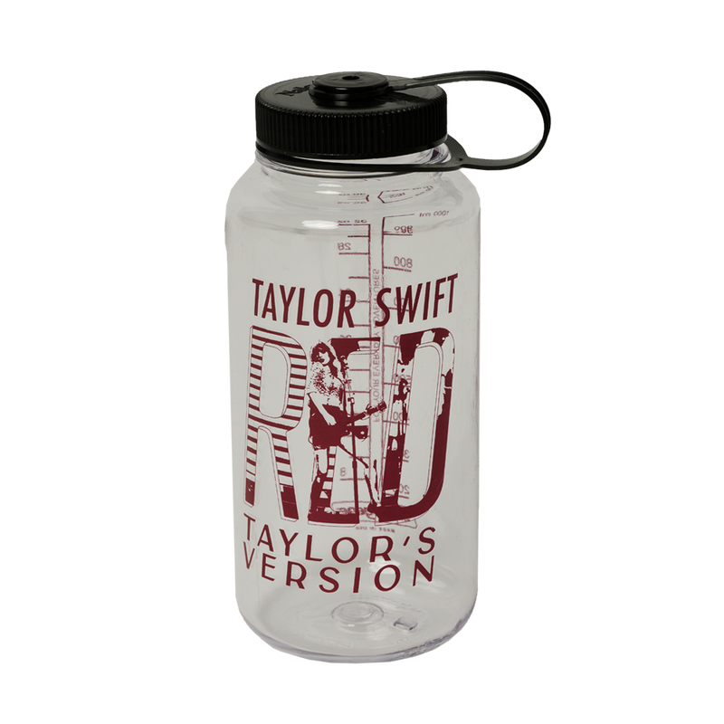 32 ounce clear Nalgene water bottle with live performance photo of Taylor Swift and "Taylor Swift Red (Taylor's Version)" printed on front.