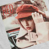 Heather grey long sleeve t-shirt with "Red (Taylor's Version)" and album cover printed on front.