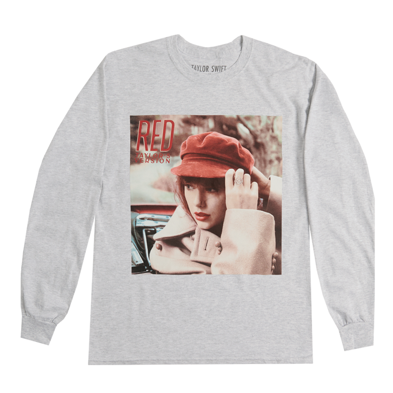 Heather grey long sleeve t-shirt with "Red (Taylor's Version)" and album cover printed on front.