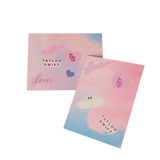 Set of 4 customizable greeting cards with Lover album cloud print on inside and outside with blue, beige and pink envelopes. Sticker set included featuring "Taylor Swift" logo, "Lover" album logo, "TS" logo, "You're My My My My Lover" song lyrics, "To my lover" song lyrics, "heart" and swans individual patches.
